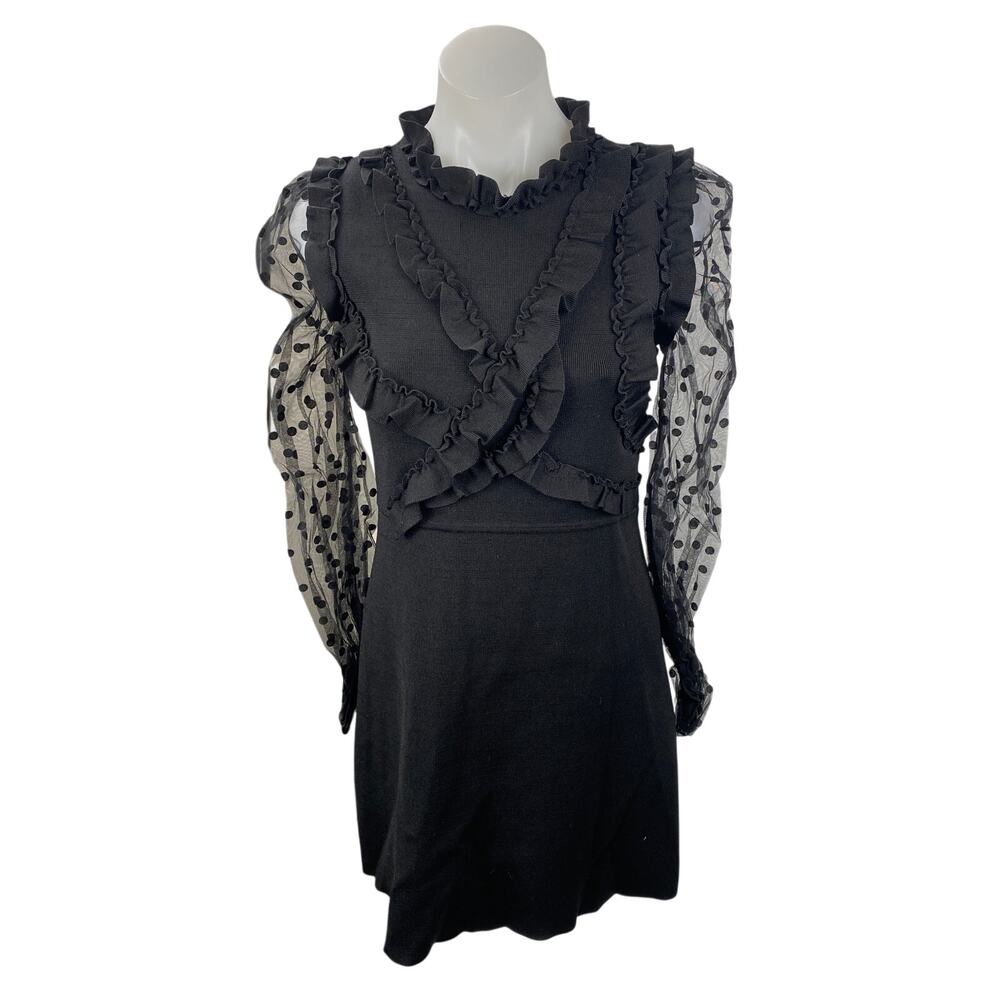 Zara Black Ruffle Mesh Polka Dot Long Sleeve Mock Neck A Line Mini Dress Size M